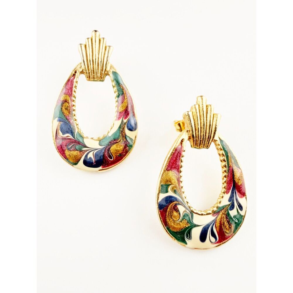 Vintage 80s Art Deco Revival Jewel Tone Swirl Enamel Earrings Made in USA